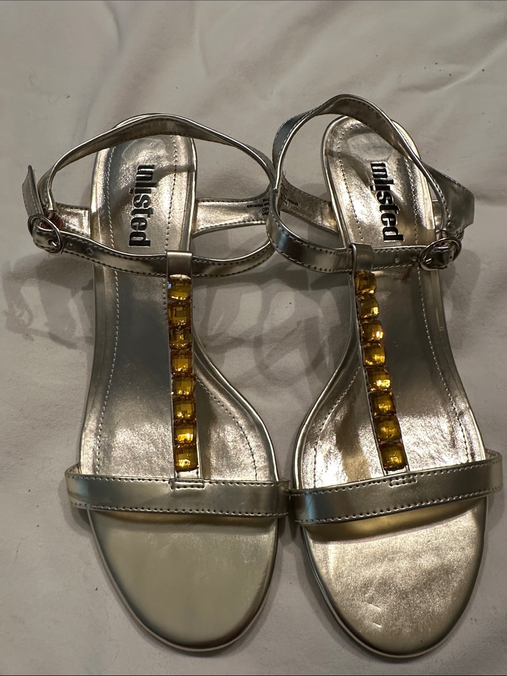 Unlisted Silver T-Strap Sandals with Yellow Gem Accents